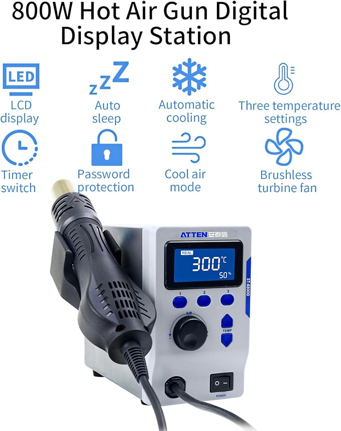 Hot Air Rework Station, ATTEN ST-8800D 800W Digital Display Automatic Sleep Hot Air Gun Soldering Station, Adjustable Temperature Desoldering Gun BGA Rework Station