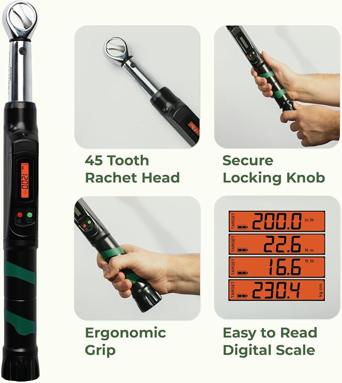 eTORK 3/8" Digital Torque Wrench, 25-250 in-lb Electronic Precision Tool | 3/8" Drive With Backlit Display For Lawn Mower, Chainsaw, Motorcycle, Bicycle Components & Low Torque Fasteners