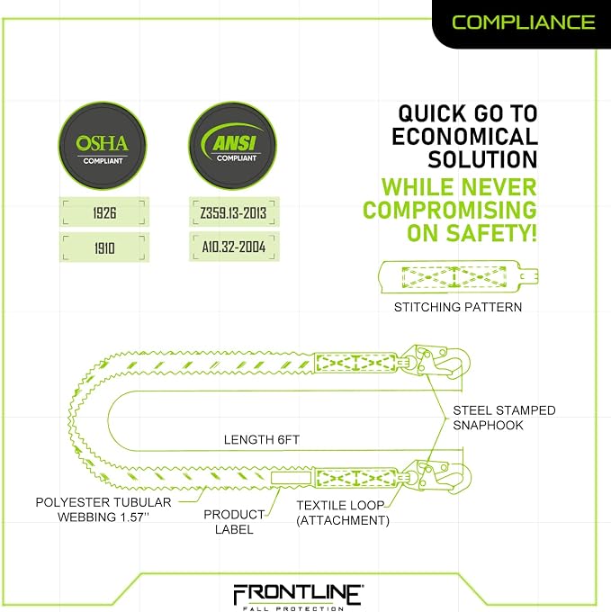 FRONTLINE FALL PROTECTION Internal 6' Shock Absorbing Single Leg Lanyard | ANSI & OSHA Compliant
