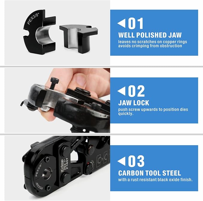 iCrimp F1807 PEX Crimper, Copper Pipe Crimping Tool Kit with 3/8'', 1/2'', 3/4'', 1'' Quick Change Jaws, PEX Tubing Cutter, Go/No-Go Gauge, Copper Ring PEX Removal Tool Included