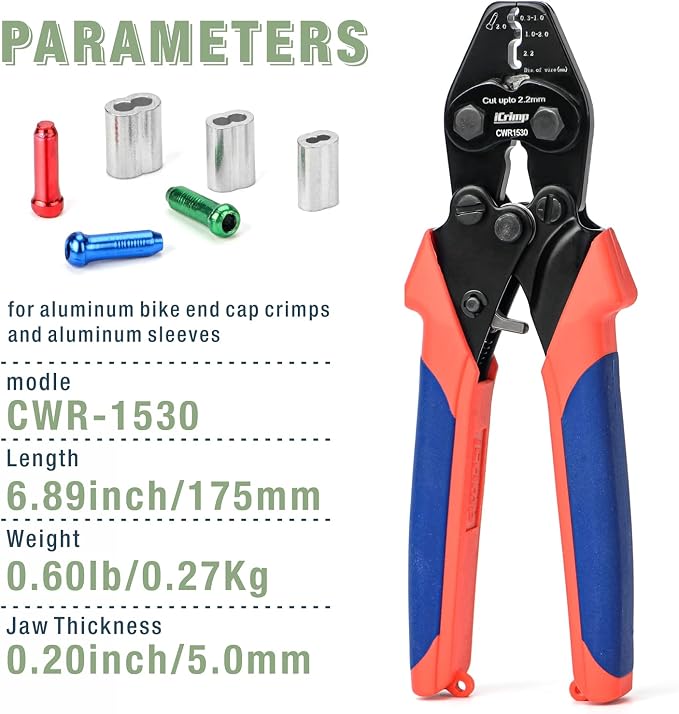 iCrimp CWR1530 Bicycle Cable and Housing Crimper with Built-in Cutter for Bike Brake and Shifting Cables, Aluminum Sleeves