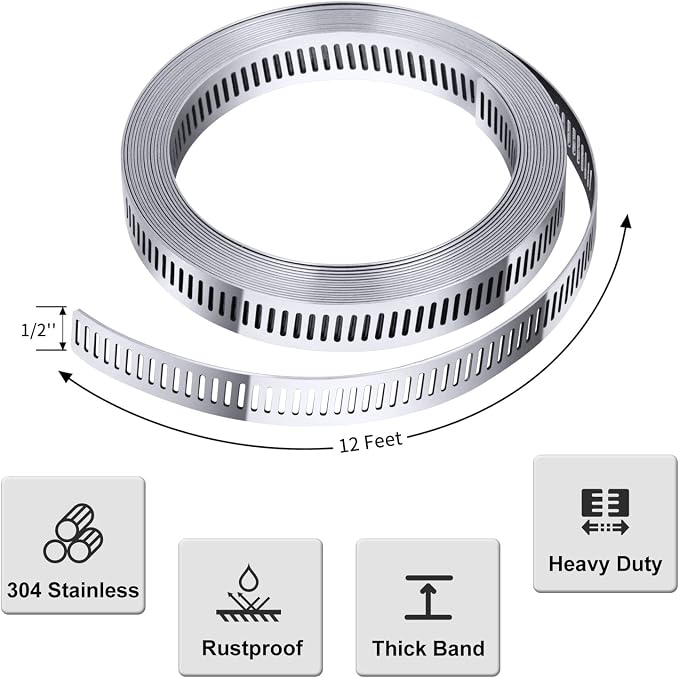 304 Stainless Steel Hose Clamp Assortment Kit DIY, Cut-To-Fit 12 FT Metal Strap+8 Stronger Fasteners,Large Adjustable Worm Gear Band Hose Clamps Screw Clamps Duct Pipe Metal Clamp Strapping