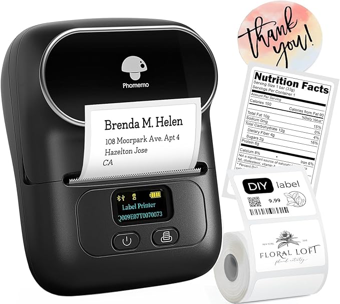 Phomemo Label Printer M110- Upgraded Address Label Maker Bluetooth Barcode Printer No Ink Portable for Small Business, Address, Office, Home for Phone; for PC/Mac(USB), with 100 Labels, Ebony Black