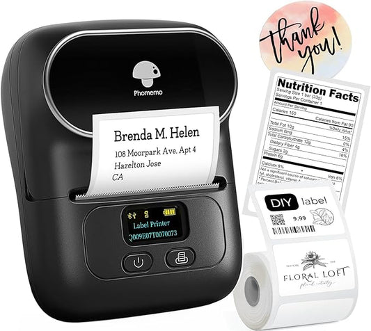 Phomemo Label Printer M110- Upgraded Address Label Maker Bluetooth Barcode Printer No Ink Portable for Small Business, Address, Office, Home for Phone; for PC/Mac(USB), with 100 Labels, Ebony Black