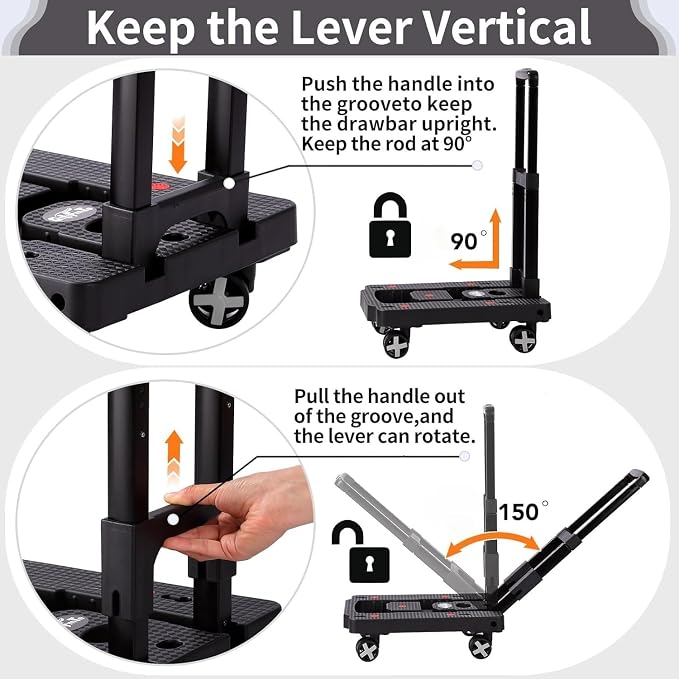 GtIiFmTe Foldable Hand Truck, Lightweight Luggage Cart for Airport Car Seat | Black compact dolly with4wheels,storage size12×15.7×4.1in,300lbs Load,Upright Lock Handle,4 swivel wheels with 3bungee cords