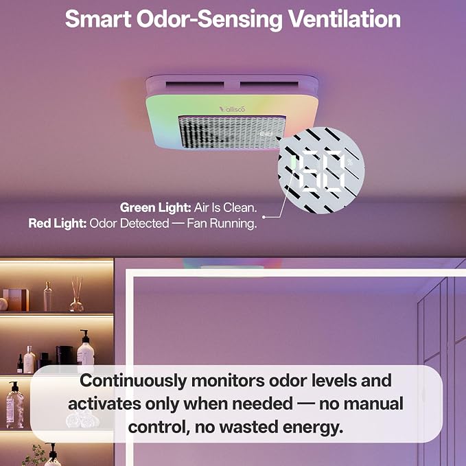 VallisCo Bathroom Exhaust Fan with Light, Odor & Humidity Sensors, 230 CFM Quiet Ceiling Fan with Remote, Timer, 3 Dynamic RGB Lights, 2700K–6500K Dimmable, Wall/Ceiling Mount (Black-to-White)