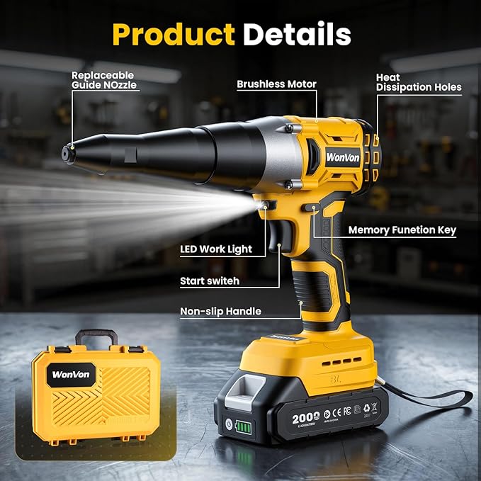 WonVon Cordless Electric Rivet Gun Tool 20V Max Battery, Brushless Automatic Kit Rivets, Pop Rivet Gun with 3 Size (1/8", 5/32", 3/16") Rivets, 1*Battery, Fast Charger, Rivet Head, Led Light