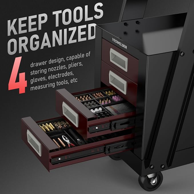 YESWELDER Welding Cart with 4 Drawers for MIG Welder TIG Welder and Plasma Cutter, Black&Red Version Heavy Duty Large Storage 360° Rolling Welding Trolley