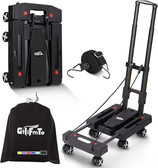 Folding Hand Truck Lightweight Hand Truck Dolly Foldable,Luggage cart with 6 Rotate Wheels, Utility Cart with Adjustable Handle,Collapsible Dolly for Moving (Black)