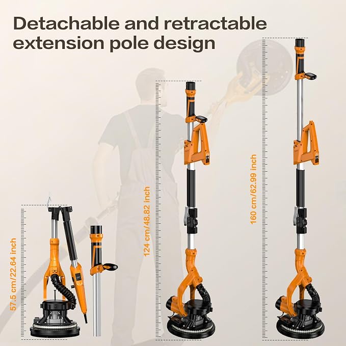 Drywall Sander Popcorn Ceiling Removal Tool with Vacuum Dust Collection 9 Variable Speed Collapsible Extendable Handle Electric Sander for Drywall with LED Light 16Pcs Sanding Discs Yellow