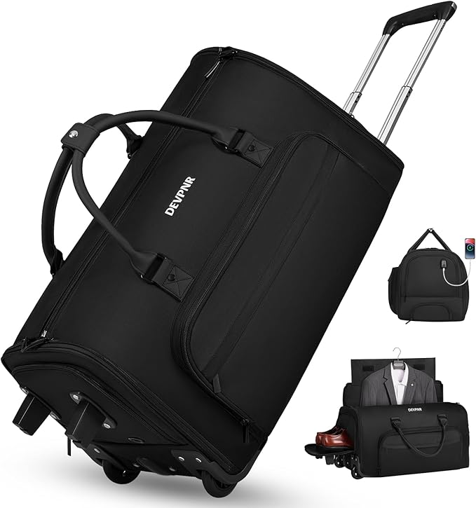 DEVPNR Rolling Garment Bags for Travel, 59L Rolling Duffle Bag with Wheels and Shoe Compartment for Men and Women, 3 in 1 Carry on Convertible Travel Garment Bag with Wheels, Black