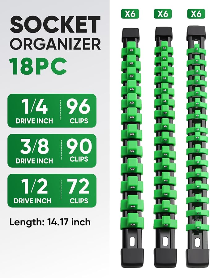 ALOANES 18PC Socket Organizer, Socket Rails Fit 1/2", 1/4" and 3/8" Drive | Portable Heavy Duty ABS Socket Holders Hold up 258 Sockets for Toolbox Drawer Bags(Green)