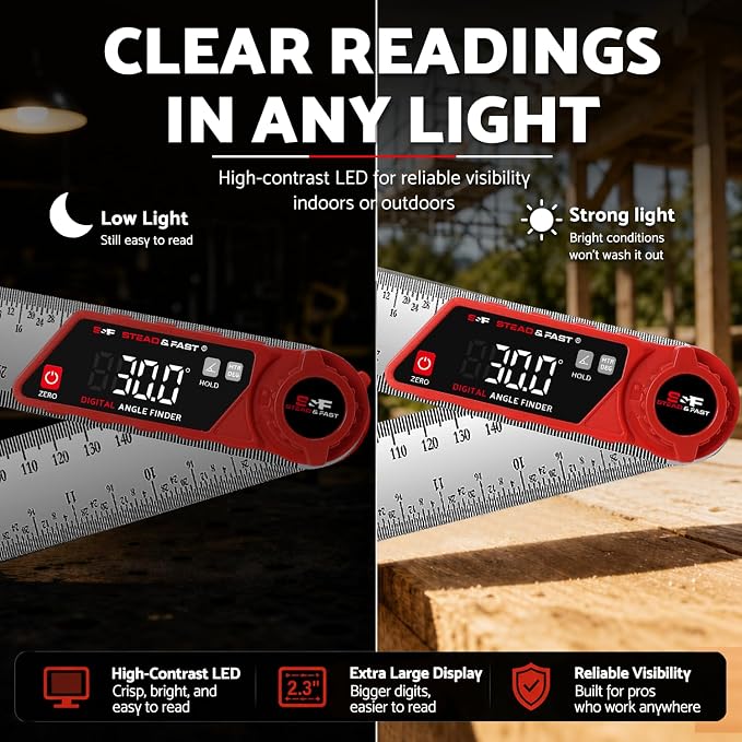 S&F STEAD & FAST Digital Angle Finder with Miter Button, 7 Inch / 200 mm Stainless Steel Digital Protractor, 0–360° Angle Ruler with XL LED Display, ±0.2° Accuracy for Woodworking, Construction