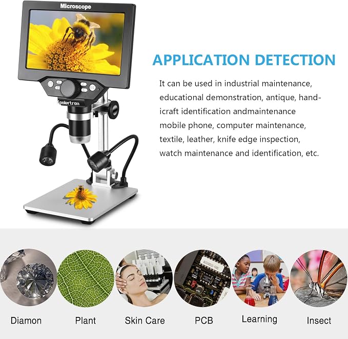 Koolertron 7" 12MP Digital Microscope, 1200X Magnification, 1080P USB Camera, 32GB TF Card, PC View, Rechargeable, LED Lights for Coin/PCB/Jewelry/Plant/Rock Inspection