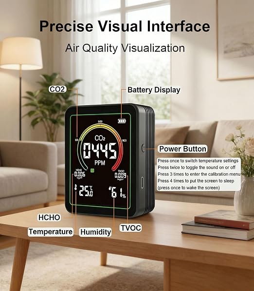 Air Quality Monitor Indoor, 5-in-1 Portable Real-Time CO2 Detector | Temperature | Hygrometer | HCHO | TVOC | Professional Air Quality Tester for Home, Office, School, Cars, Plants and Pets