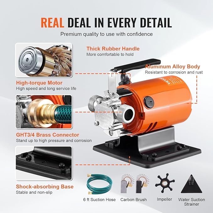 VEVOR Water Transfer Pump 115V, Utility Pump, 360 GPH Larger Flow, 46FT High-Lift, 1/10 HP Portable Electric Utility Pump with Water Hose Kit, Incl. Carbon Brushes, Impeller etc. For Water Removal