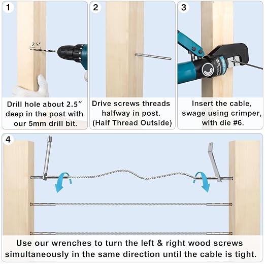 Steel DN Mate 30 Pack Left&Right Handed Thread Swage Lag Screws for Wood Post of 1/8" Deck Railing Kit, T316 Stainless Steel Cable Railing/Stair Deck Railing, DIY Baluster Hardware, Wrench Included
