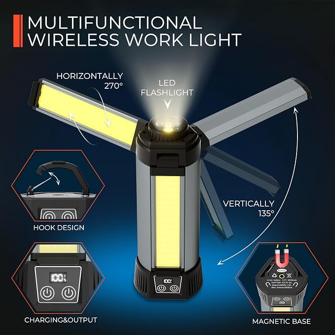 Rechargeable Work Light with Stand, Magnetic Base, Hook & Tripod (Small) | 6000mAh battery, Telescopic tripod,Magnetic base, Hanging hook, 3 metal floor spikes, Storage bag, Camping