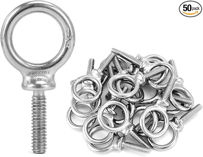 QWORK Eye Bolt, 50 Pack 1/4"-20 x 1 Marine Grade Stainless Steel Lifting Ring Threaded Eyebolt Machinery Shoulder Eyebolts