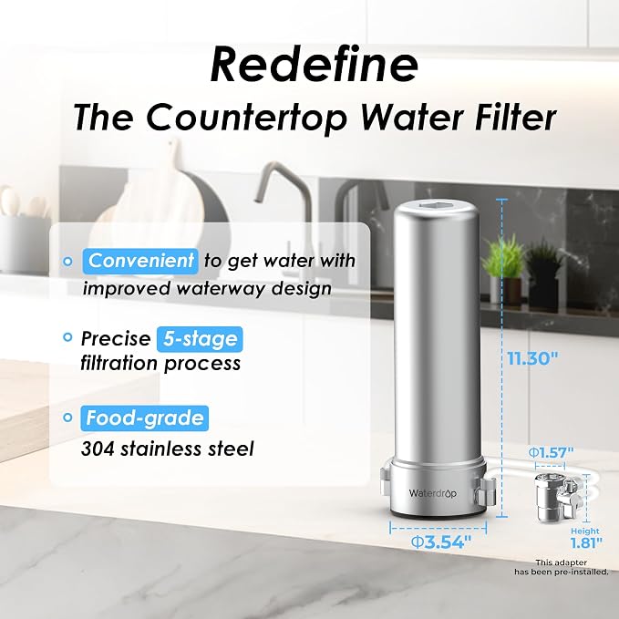 Waterdrop CTF-02 Water Filter for Sink Faucet, NSF/ANSI 42 Certified Countertop Water Filter System, 5-Stage Stainless Steel Faucet, Reduces Heavy Metals and 99% Chlorine, 8000 Gallons, 1 Filter