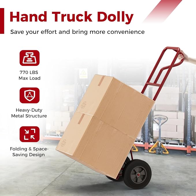 Goplus Hand Truck, P-Handle Hand Truck Dolly w/770LBS Capacity, Vertical Loop Handle, 10” Rubber Wheels, 14.5”x 8.5” Foldable Nose Plate, Heavy Duty Metal Dolly Cart for Lifting, Stairs