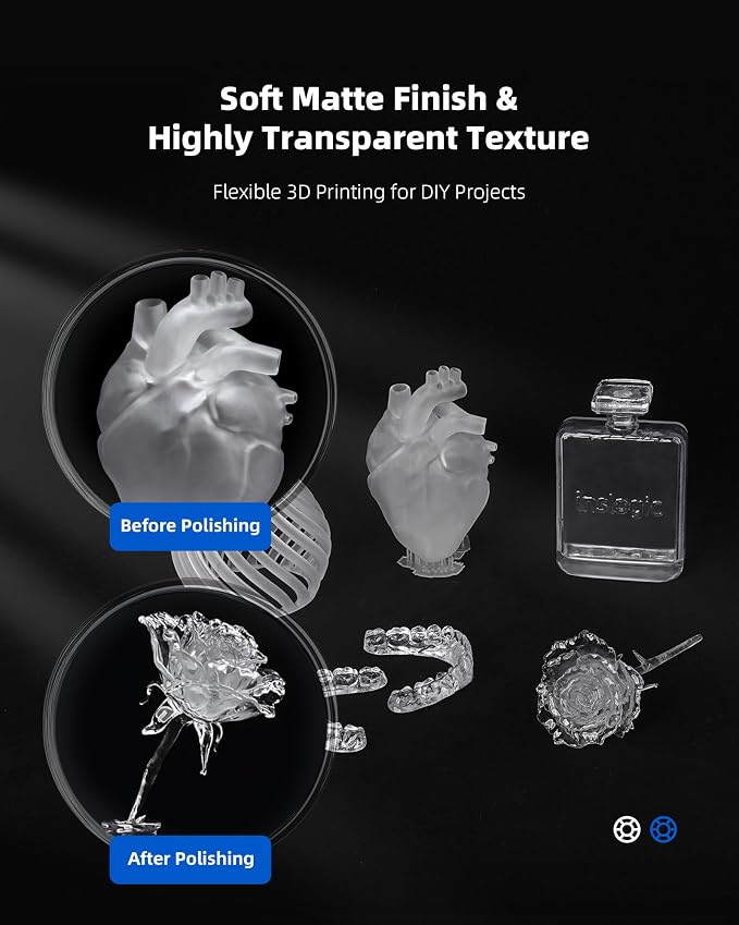 Inslogic High Clear 3D Printer Resin, Yellowing & Blue Tint Resistant, Highly Transparent & High Precision & High Stability, 405nm UV-Curing Resin for LCD/DLP/SLA 3D Printing (Clear, 1kg)
