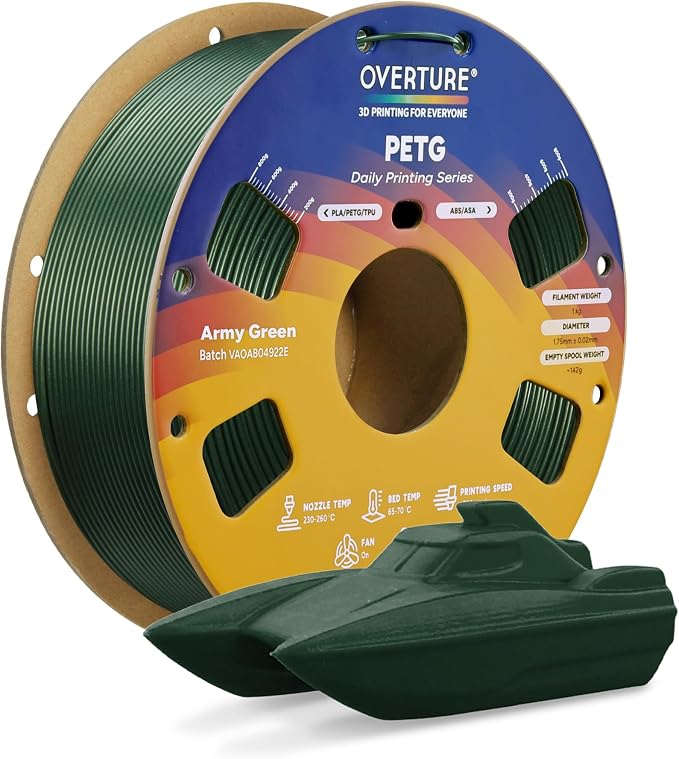 OVERTURE PETG Filament 1.75mm, High Speed 3D Printer Filament, Neatly Wound & Clog-Free, 1kg Spool (2.2lbs) Rapid PETG, Dimensional Accuracy +/- 0.02mm, Fit Most FDM Printers (Army Green)