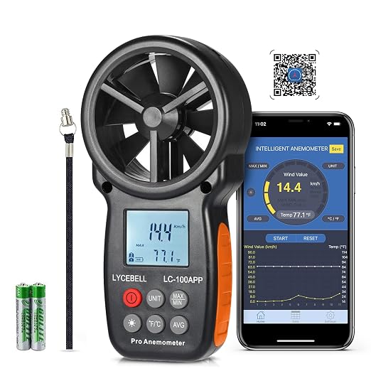 Wireless Anemometer with APP Bluetooth, Digital Handheld Wind Speed CFM Meter Measuring Temperature, Wind Chill, Air Flow Velocity, Wind Gauge for HVAC Outdoor Sailling Climbing Drone 100-APP