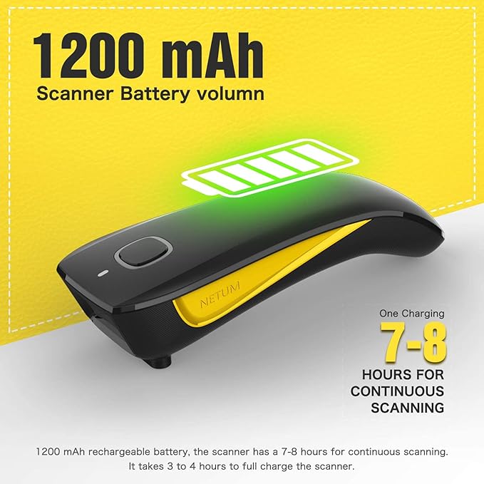 NETUM Mini Barcode Scanner Bluetooth Compatible, Small Portable USB Bar Code Scanner for Inventory, 2.4G Cordless Image Reader for Tablet iPhone iPad Android iOS PC POS (2D-C750-Yellow)