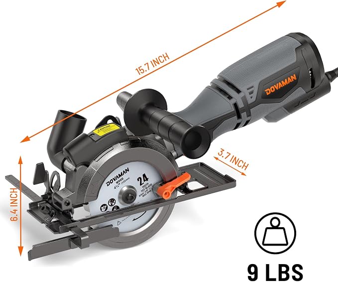 DOVAMAN Circular Saw, 5.8A 4-1/2" Circular Saw w/Laser, Metal Auxiliary Handle, 6 Blades (4½", 4¾"), Cutting Depth 1-11/16" (90°), 1-3/8" (45°), Ideal for Wood, Soft Metal, Plastic, Tile - MCS01A