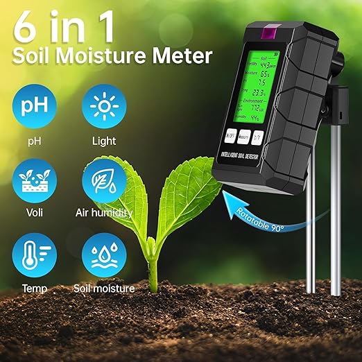 6-in-1 Soil Tester, Moisture Meter with pH Meter, Soil Moisture, Environment, Sunlight, Humidity, Fertility for Agriculture, Gardening and Outdoor Plants (2 *AAA Battery Needed)