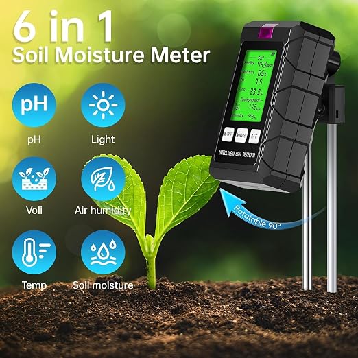 Soil Test Kit, 6-in-1 Soil Moisture, PH, Fertility Meter with Digital Soil Temp, Air Temp and Humidity, Dual Screen Tester for Plants, Lawn, Farm, Indoor and Outdoor(2*AAA Battery Needed)