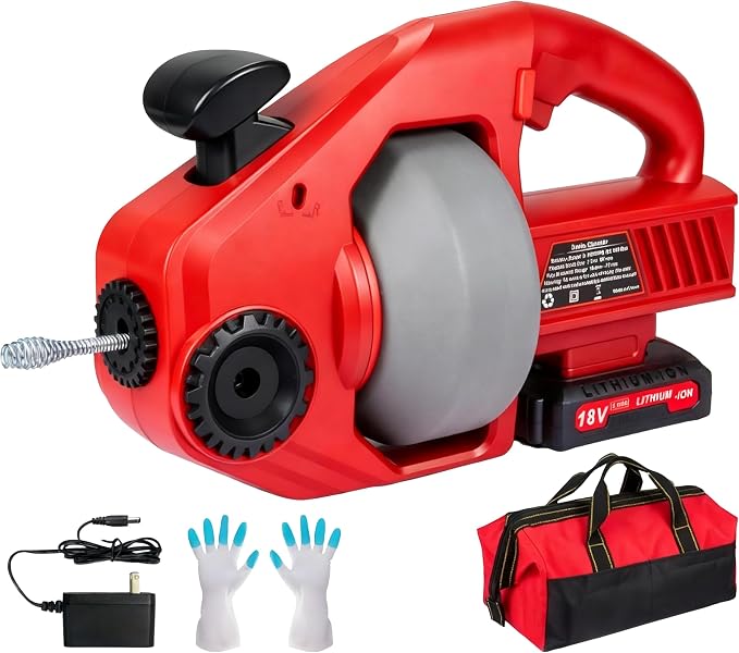 18V Cordless Electric Drain Auger-Efficient 25Ft Auto-Feed Drain Snake with Replaceable Cable,2.0Ah Battery,Charger,Storage Bag & Gloves for Kitchen,Bathroom,Shower Pipes （Red)