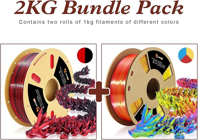 LOVOON Silk PLA 3D Printer Filament Bundle 2 KG, PLA Filament 1.75mm, Shiny Silk Blue/Yellow/Red and Silk Black/Red, Color Changing 3D Printer PLA Filaments, 1KG X 2 Spools