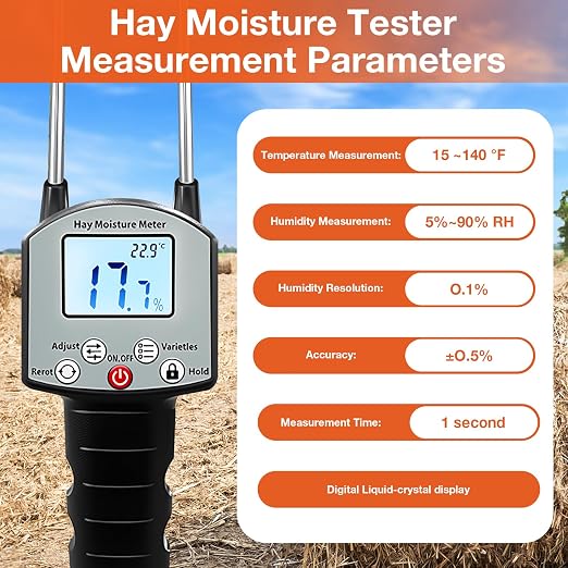 Hay Moisture Tester, Portable Precise Hay Moisture Meter, Hay Forage Bale Moisture Tester with Dual Probe, Automatic Temperature Compensation for Alfalfa, Forage, Orchard Grass, Bales