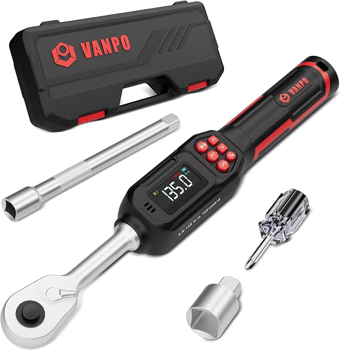 VANPO Digital Torque Wrench 3/8-Inch,5-99.6 Ft-Lb for Bike, Motorcycle | 6.8-135 Nm, Electronic Torque Wrench with Color Screen,Buzzer and LED Alertm, Preset & Data Storage forAutomotive Maintenance