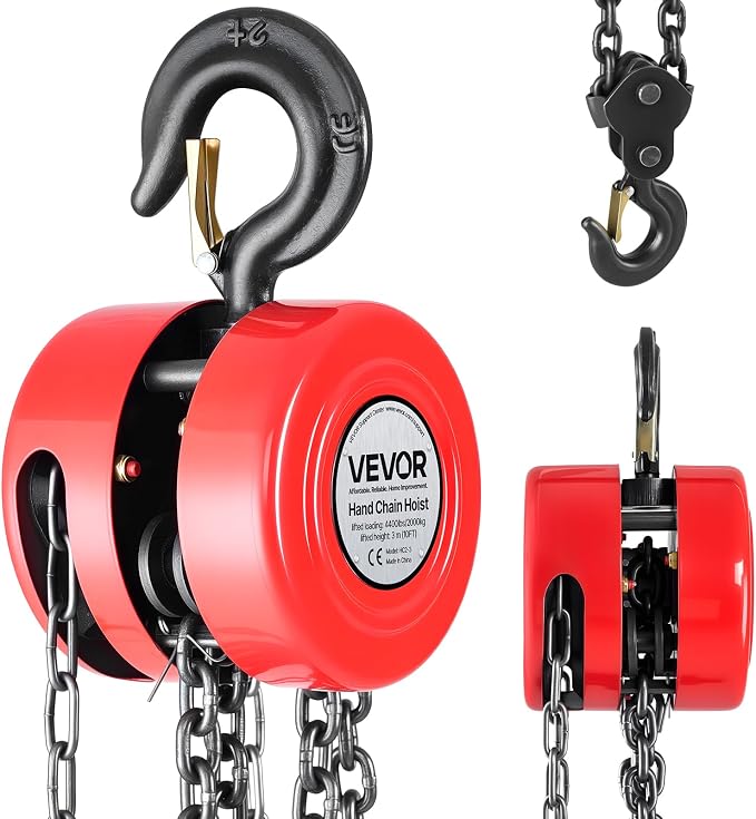 VEVOR Hand Chain Hoist, 2 Ton 4400 lbs Capacity, Manual Chain Block with Upgrade G70 Galvanized Chain, 10 ft Lifting Height, Heavy Duty Pulley Hoist for Garage Warehouse Automotive Machinery, Red