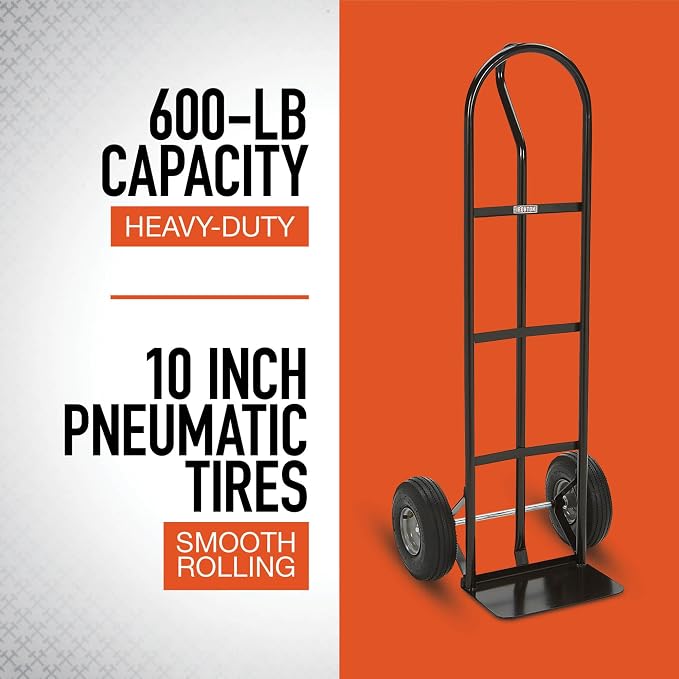 Ironton Steel Pneumatic Hand Truck Dolly, 600-Lb Capacity, Heavy-Duty Frame with 10-Inch Tires, P-Style Handle & 14" x 8.5" Toe Plate, Commercial Utility Cart for Moving & Garage Storage