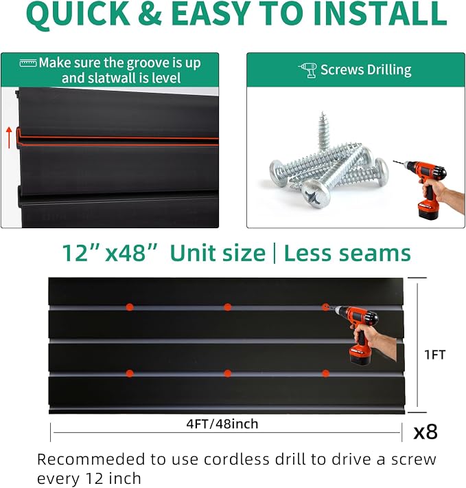 FRAYSCENT Slat Wall Paneling Garage Slat Wall Storage Systems Slatwall Panels Power Tool Organizer Wall Mount, PVC Garage Storage & Organization Products Slate Board (Black, 4ft x 8ft with 15 Hooks)