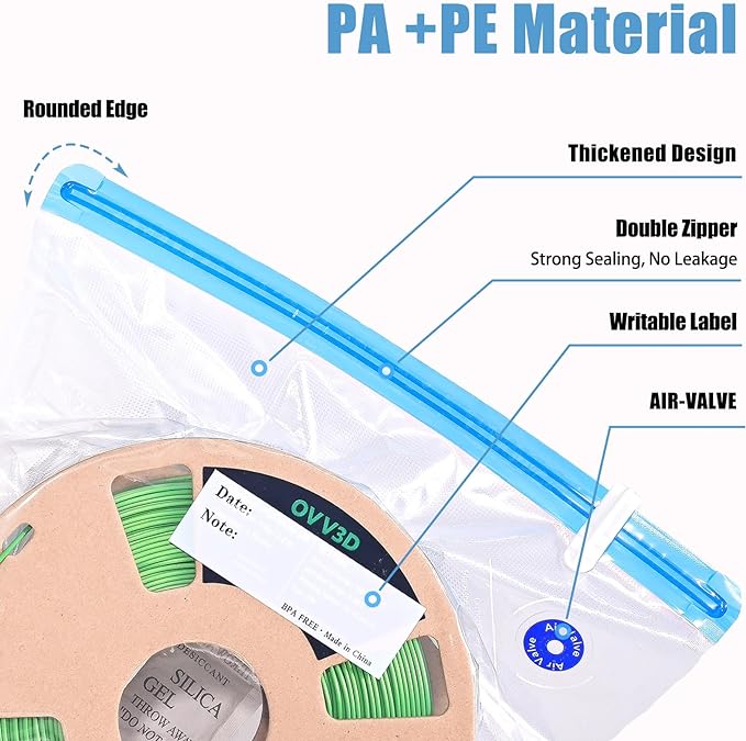 OVV3D Filament Storage Bags Kit 105pcs, 50 Bags Plus Size 32x34cm 3D Printer Filament Storage Vacuum Sealed Kit with 50pcs Desiccant, Perfect for 3D Filament Storage or Using After Filament Dryer Box