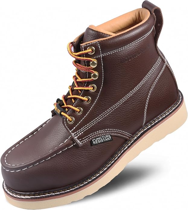 Work Boots for Men, 6" Leather Lightweight Comfort Moc Toe Steel Toe Puncture Resistant Wedge Safety Boots, Goodyear Welt, Industrial, Construction, Electrician, US 7-17