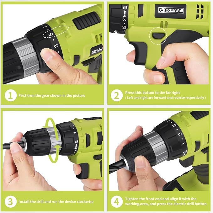 FADAKWALT Cordless Drill Set, 20V Electric Power Drill with Battery And Charger, Torque 30N, 21+1 Torque Setting, 3/8-Inch Keyless Chuck, LED Work Light, Complete Drill & Driver Bits Kit（green)