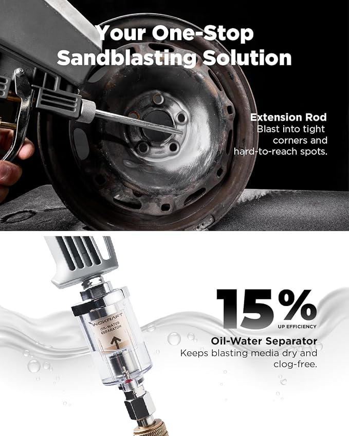 Inokraft Leak-Proof Portable Sand Blaster Gun Kit with Oil-Water Separator & Extension Nozzle,Mini Sandblaster for Rust & Paint Removal, Compatible with Aluminum Oxide, Sand, Walnut Shell & Soda