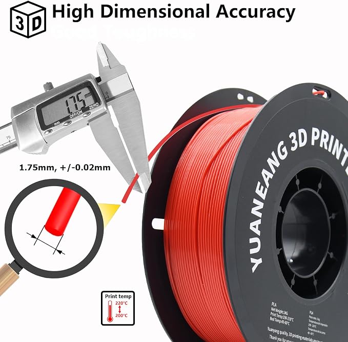 Red PLA 3D Printer Filament 1.75mm, 1kg Spool, Bright Smooth Finish, ±0.03mm Precision, Low-Warp & Easy Printing, Ideal for Models, Crafts, Prototypes & Eye-Catching Display Prints