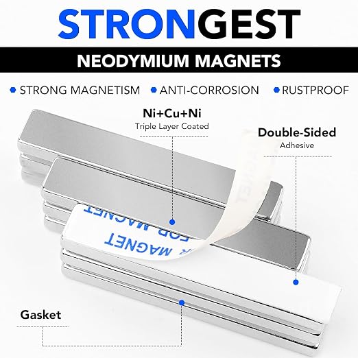 DIYMAG Neodymium Strong Magnets，60 Pcs Magnet Strip for Fridge Craft Silver | 60x10x5 mm Heavy Duty Rare Earth Magnetic Tape with Adhesive Backing on Shower Door Refrigerator Whiteboard Cabinet