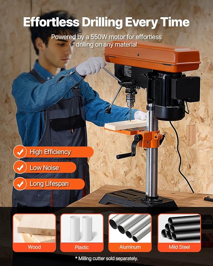 VEVOR 10 in Benchtop Drill Press, 6.2A Induction Motor, Tabletop Drilling Machine with 610/940 / 1500/2150 / 2800 RPM Adjustable Speed, 0-45° Tilting Worktable, LED Work Light, for Wood Metal