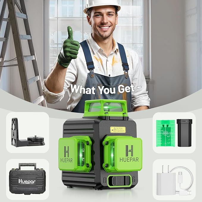 HUEPAR Laser Level 360 Self Leveling, Rechargeable 3D High Brightness Green Laser 3x360° Best Laser Leveler Tool for Construction and Picture Hanging, Strong Magnetic Bracket & Hard Suitcase -B03CG