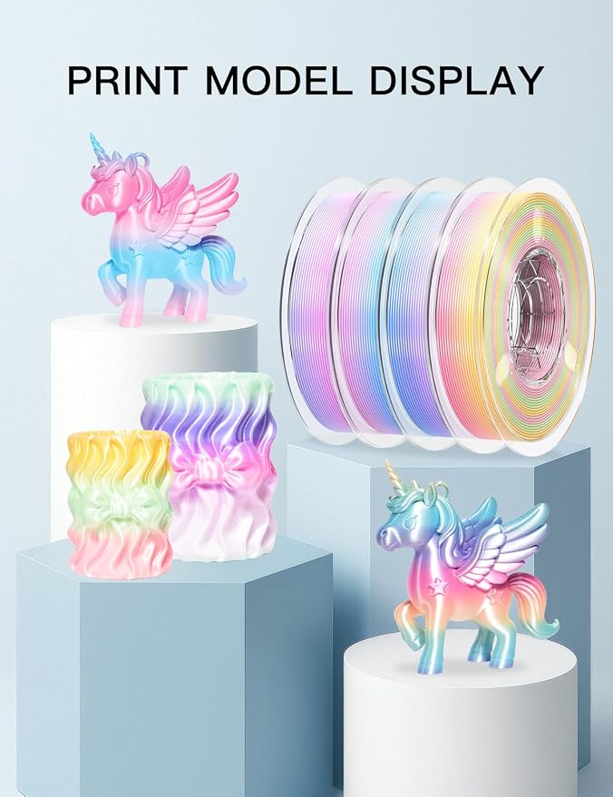 PINBALL 500gx4 Silk Rainbow PLA 3D Printer Filament 1.75mm, Shiny Multi-Color Changing Filament 3D Printing Filament Dimensional Accuracy +/- 0.02mm, 500g*4 Spools