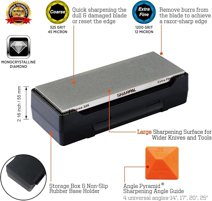 SHARPAL 162N Double-sided Diamond Sharpening Stone Whetstone Knife Sharpener | Coarse 325 / Extra Fine 1200 Grit | Storage Case with NonSlip Base & Angle Guide (8 in. x 3 in.) Gifts for Men