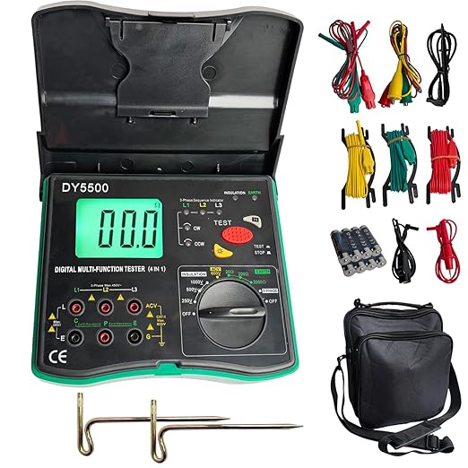 4-in-1 Digital Multimeter with Ground Earth Resistance Tester, Insulation Resistance Tester, Phase Sequence Detector & Voltmeter - 0.01Ω Resolution 600V AC/DC Voltage Measurement Auto-Ranging